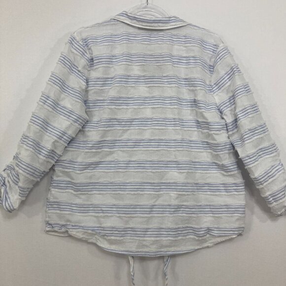 New Andrew Marc XL Blue White Striped Ruched Sleeve Gauze Button Tie Front Shirt - Picture 7 of 8